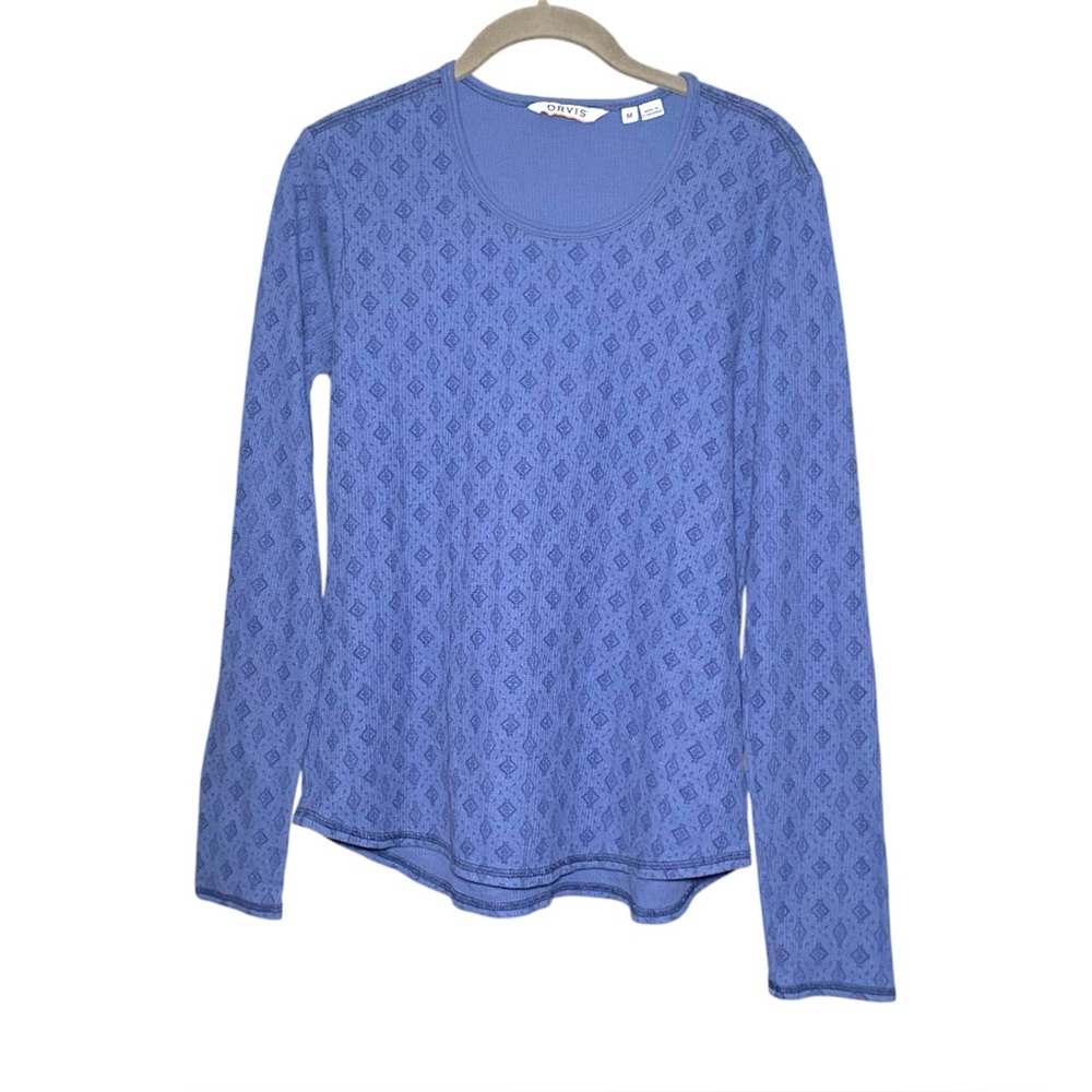 Orvis Waffle Weave Long Sleeve Cornflower Blue Rounded Hem Medium